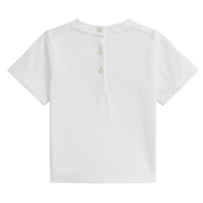 Short-sleeve white polo t-shirt featuring a buttoned back; designed for babies by Ralph Lauren.