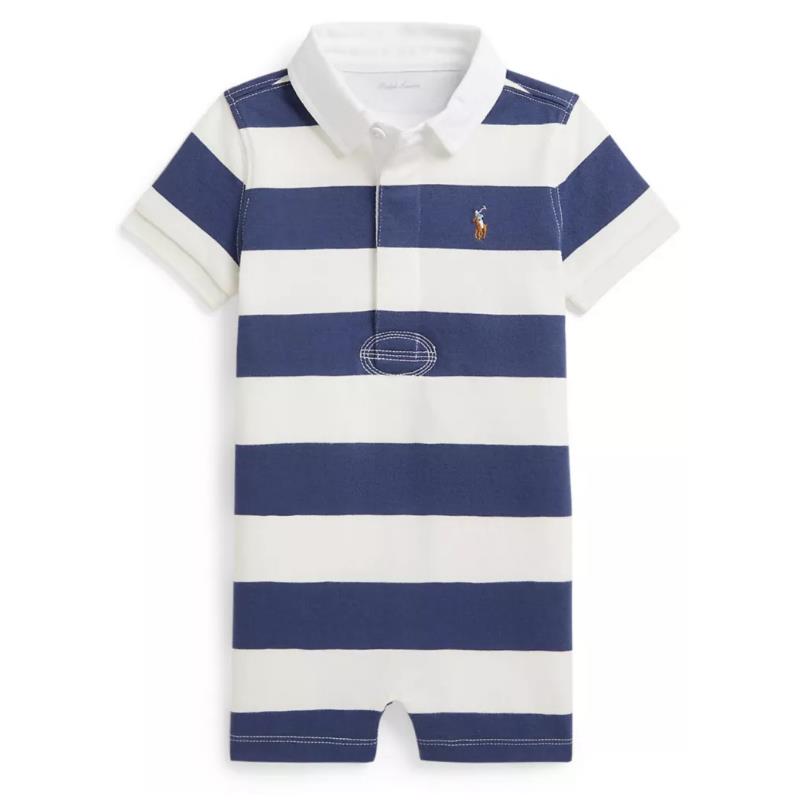 Ralph Lauren Baby Short-Sleeve Rugby Jersey Knit Polo Shortall Stripe, Light Navy/Deckwash White Image 1