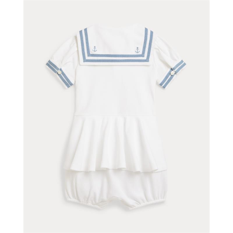 Ralph Lauren Baby Short-Sleeve Stretch Mesh Sailor Peplum Bubble Shortall White Image 2