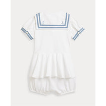 Ralph Lauren Baby Short-Sleeve Stretch Mesh Sailor Peplum Bubble Shortall White Image 2