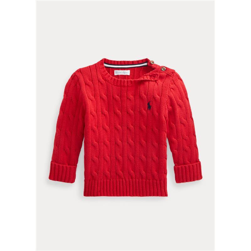 Ralph Lauren - Combed Cotton Long Sleeve Cable Top Sweater, Red Image 1