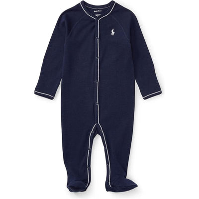 Ralph Lauren baby boy coverall in French navy with long sleeves, front zipper, and white stitching detail.