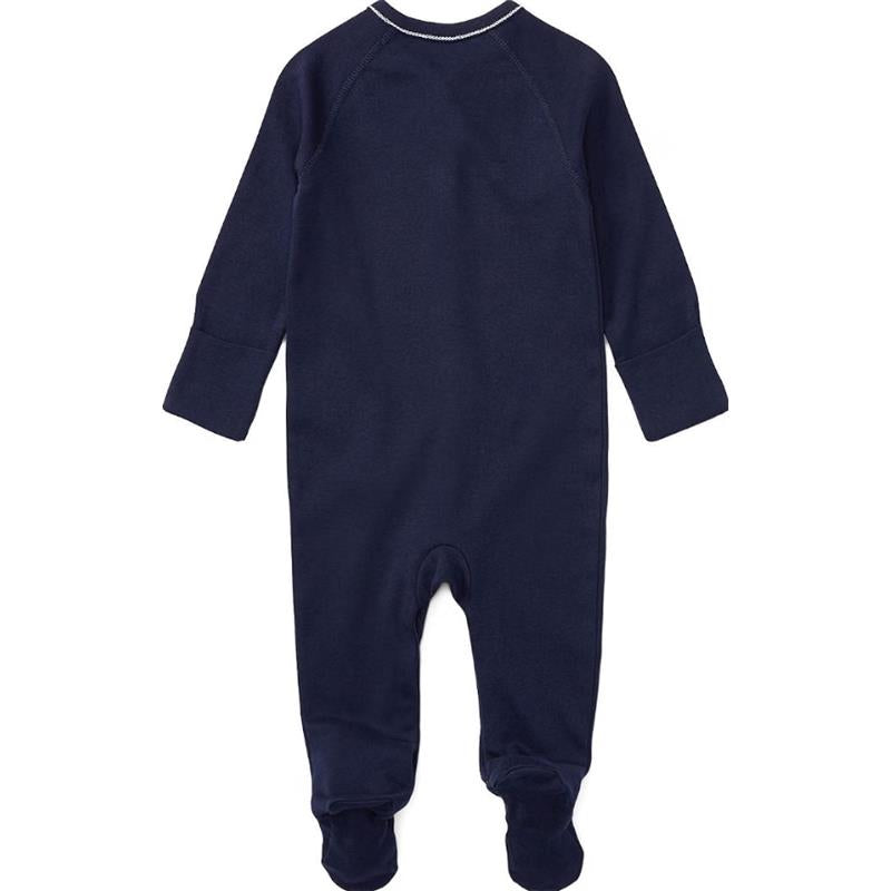 Solid French navy coverall for newborn boy with long sleeves and footed bottom.