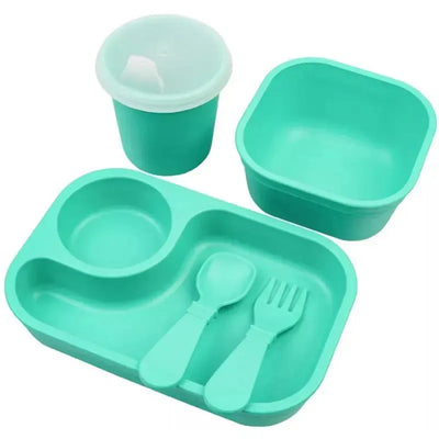 Five-piece Aqua dining set for babies and toddlers, includes a divided plate, bowl, utensil set, and a cup with a lid.