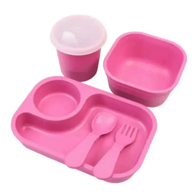 5-piece bright pink dining set for babies and toddlers, including a plate, bowl, cup, spoon, and fork.