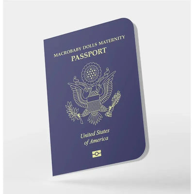 Macrobaby Dolls Maternity passport featuring a navy blue cover with gold lettering and the United States emblem.