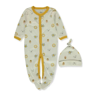Baby footed coverall and cap set featuring a safari animal print with lions, elephants, and bears in soft, neutral colors.