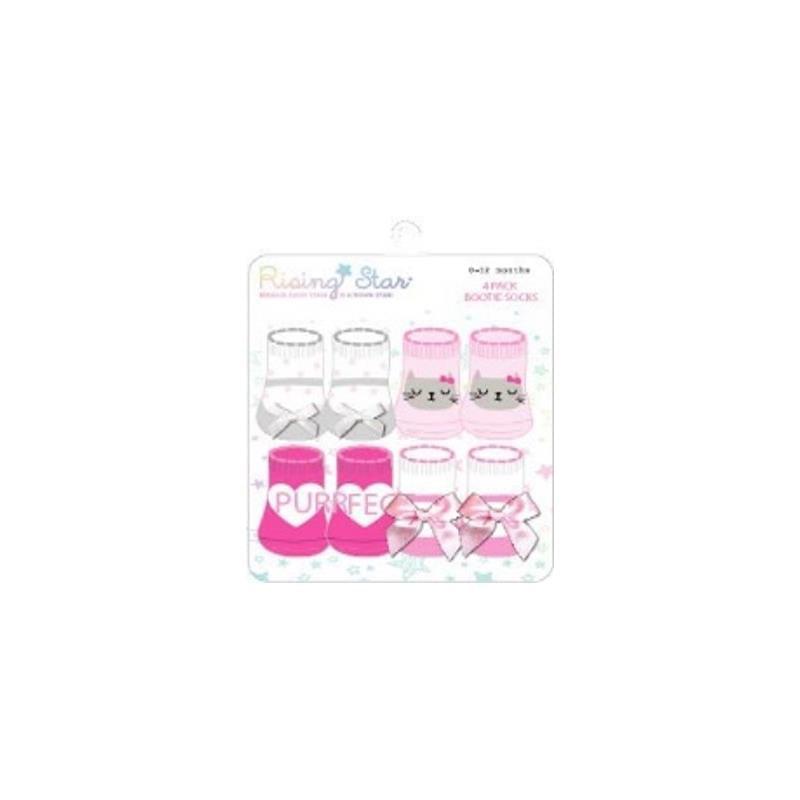 Rising Star Baby Girl Booties 4Pk, Light Pink Cat, White with Ribbon 0-12M Image 1