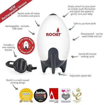 Rechargeable Rockit device for rocking strollers, featuring adjustable speed dial, USB charging, and safety for infants.