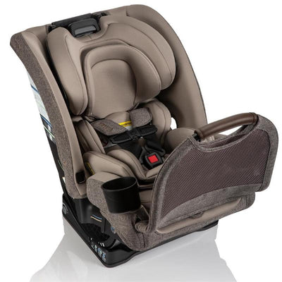 All-in-one convertible car seat in Truffle color with plush padding, harness system, and cup holder.