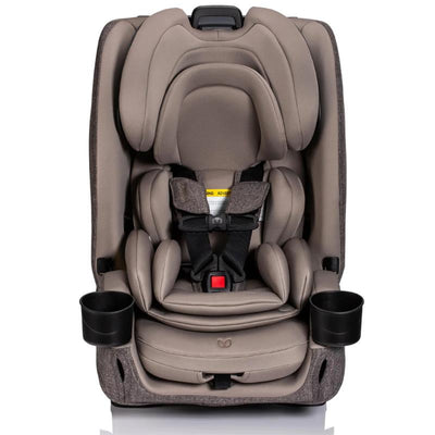 Romer Nexa All-in-One Convertible Car Seat in Truffle color, featuring adjustable headrest, padding, and cup holders.