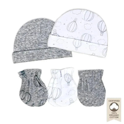 Set of two hats and three pairs of mittens in grey and white organic cotton, featuring a hot air balloon design.