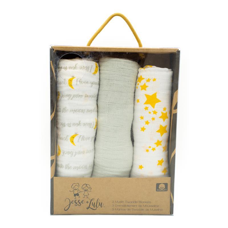 Rose Textiles 100% Cotton Muslin Swaddle Blankets, Yellow Stars Image 1