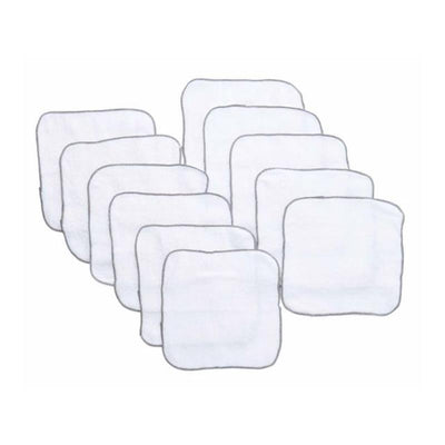Gray-bordered baby washcloths in a pack of ten, designed for gentle cleaning and comfort for infants.
