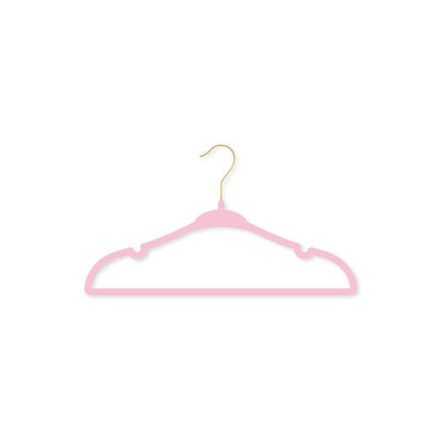 Pink hanger with a gold hook, part of a 10-pack from Rose Textiles, designed for clothing storage.