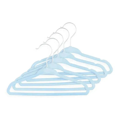 15 blue hangers with a durable design and shiny metal hooks for organizing clothes.