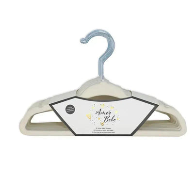 Cream velvet baby hangers in a pack of 15, featuring a silver hook and branding label.