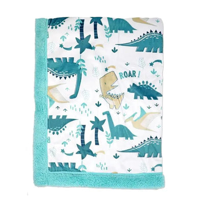 Two-layer mink blanket featuring a teal dinosaur print with playful designs and a soft, fluffy teal border.