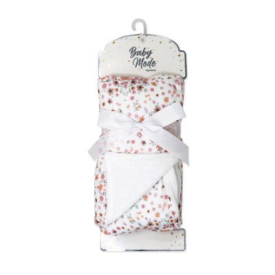 Rose Textiles 2 layer muslin blanket featuring a pink floral bouquet design, tied with a white ribbon.