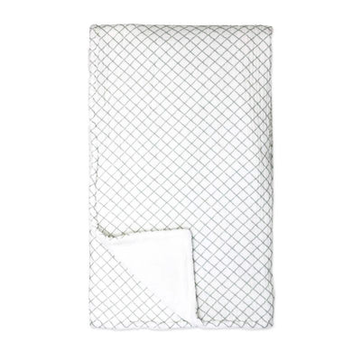 Sage grid patterned 2 layer muslin blanket by Rose Textiles, featuring a soft white underside.