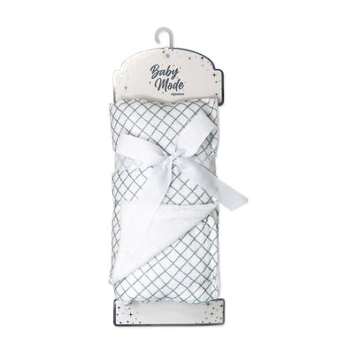 2-layer muslin blanket in sage grid, tied with a ribbon, featuring a soft white underside and packaged for Baby Mode.