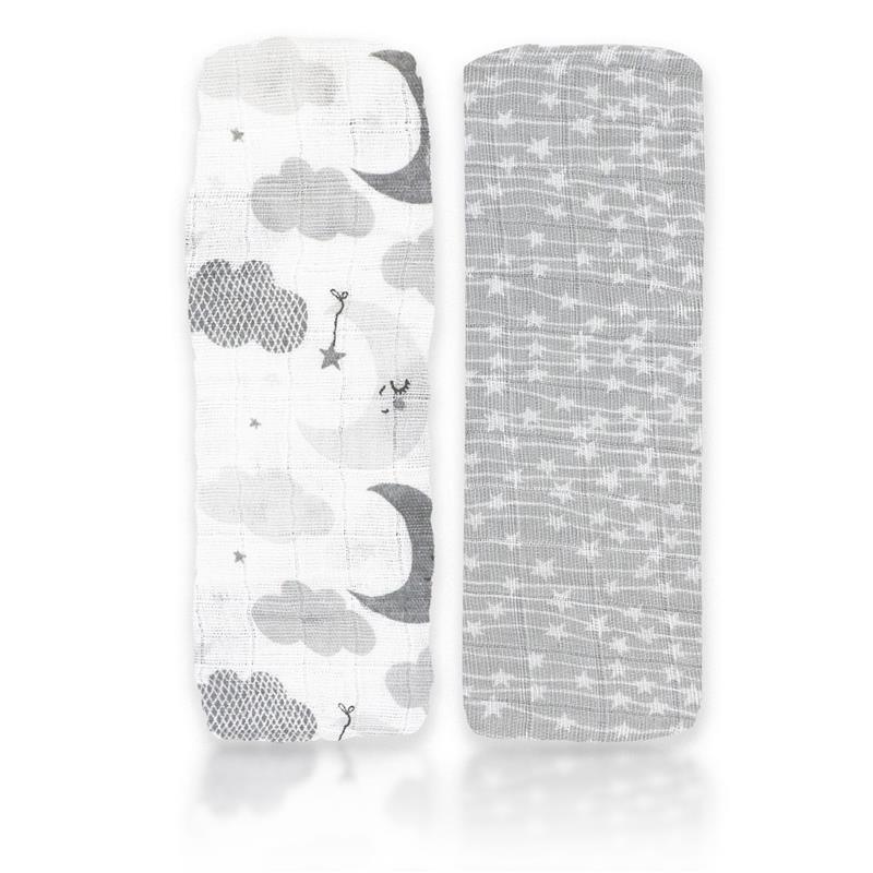 Rose Textiles - 2Pk Baby Muslin Swaddle Blankets, Grey Star/Wave Image 1