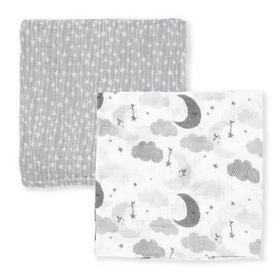 Two baby muslin swaddle blankets in grey star and grey wave patterns stacked together.