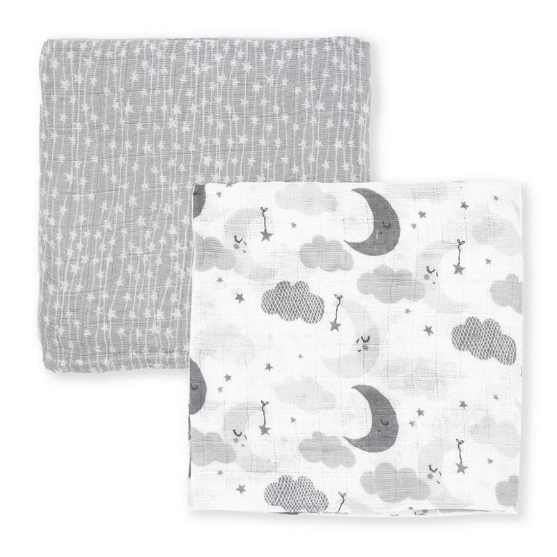 Rose Textiles - 2Pk Baby Muslin Swaddle Blankets, Grey Star/Wave Image 2