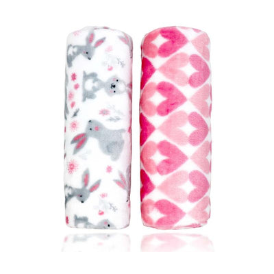Two rolled flannel fleece blankets featuring pink bunnies and a pink heart pattern.