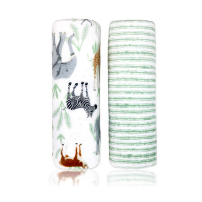Flannel fleece blanket set featuring sage green stripes and a safari animal print with elephants, zebras, and giraffes.