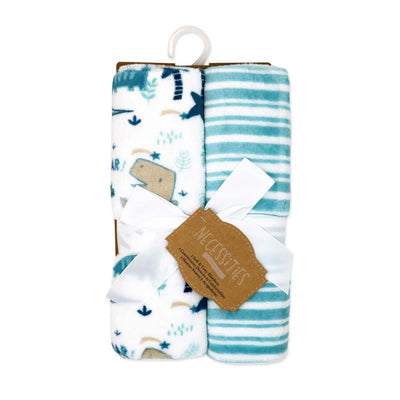 Rose Textiles - 2Pk Flannel Fleece Blanket Teal Dinos Image 1