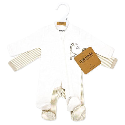 Beige preemie mitted sleeper featuring a giraffe design, stripes, a zip closure, and a branded tag.
