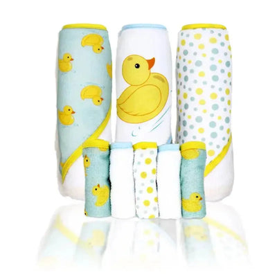Rose Textiles - 3 Hooded Towels W/ 5 Washcloths, Aqua Duckies Image 1