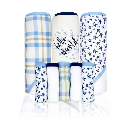 Rose Textiles - 3 Hooded Towels W/ 5 Washcloths, Navy Hello World Image 1