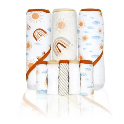 Rose Textiles - 3 Hooded Towels W/ 5 Washcloths, Peach Rainbows Image 1