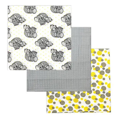 Three muslin swaddle blankets in a pack featuring elephant illustrations on a yellow polka dot background, gray textured design, and yellow polka dots.