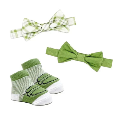 3-piece bowtie and sock set in sage plaid, including a green bowtie, a plaid bowtie, and green striped socks.