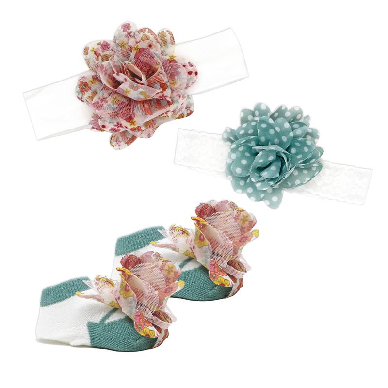 Rose Textiles - 3Pk Baby Chiffon Headband & Sock Set, Aqua Flowers Image 1