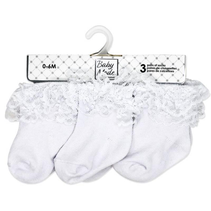 Rose Textiles - 3Pk Baby Girl Lace Trim Cuff Socks, White Image 2