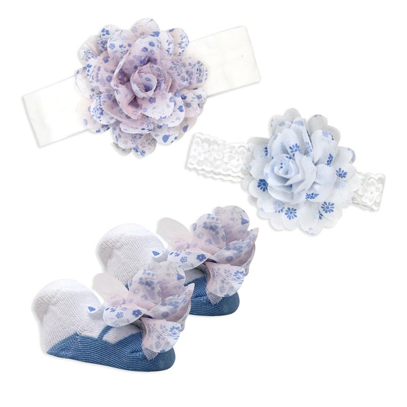 Rose Textiles - 3Pk Chiffon Headband & Sock Set, Blue Flowers Image 1