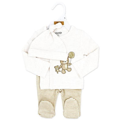 Beige infant clothing set featuring a long-sleeve top with bear graphics, matching striped pants, and a hat.