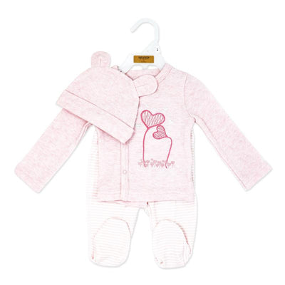 Three-piece baby outfit set in pink featuring a long-sleeve onesie, striped pants, and a matching hat with bear ears.
