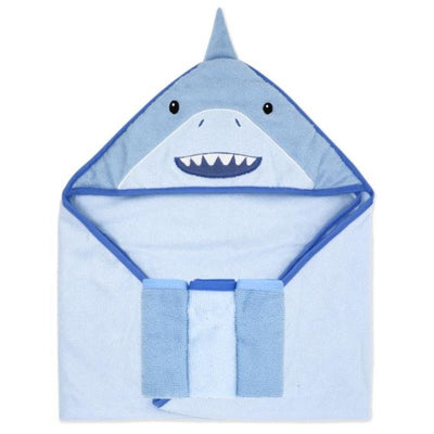 Baby bath set featuring a blue shark hooded towel with a smiling face and fin, along with two washcloths.