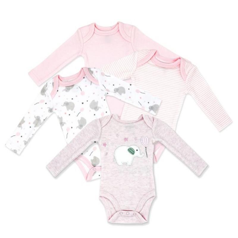 Rose Textiles 4Pk Baby Girl Naturelle Long Sleeve Bodysuit, Pink Elephant Image 1