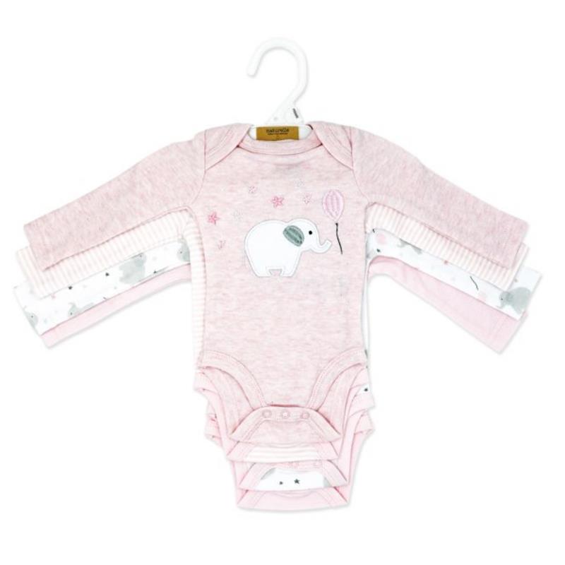 Rose Textiles 4Pk Baby Girl Naturelle Long Sleeve Bodysuit, Pink Elephant Image 2