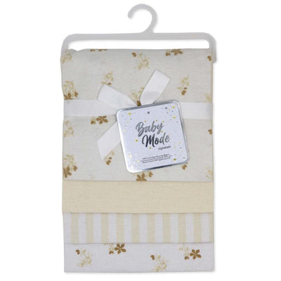 Flannel receiving blankets from Rose Textiles, featuring a tan foliage pattern and a decorative bow.
