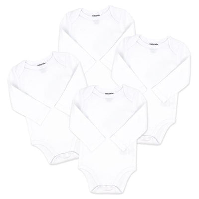 Four white long sleeve bodysuits by Rose Textiles, featuring soft fabric and snap closures at the bottom.