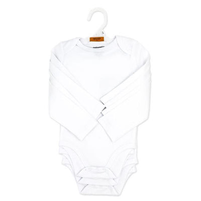 Long sleeve white bodysuits from Rose Textiles, displayed on a hanger in a package of four, showcasing soft fabric and snap closures.