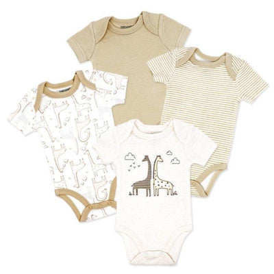 Four beige and white short sleeve bodysuits featuring animal prints, stripes, and giraffe designs.
