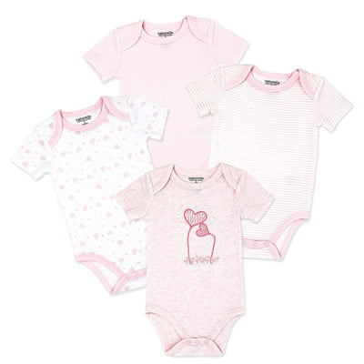 Four pink short sleeve bodysuits featuring hearts, patterns, and an embroidered design, belonging to the Rose Textiles Naturelle line.